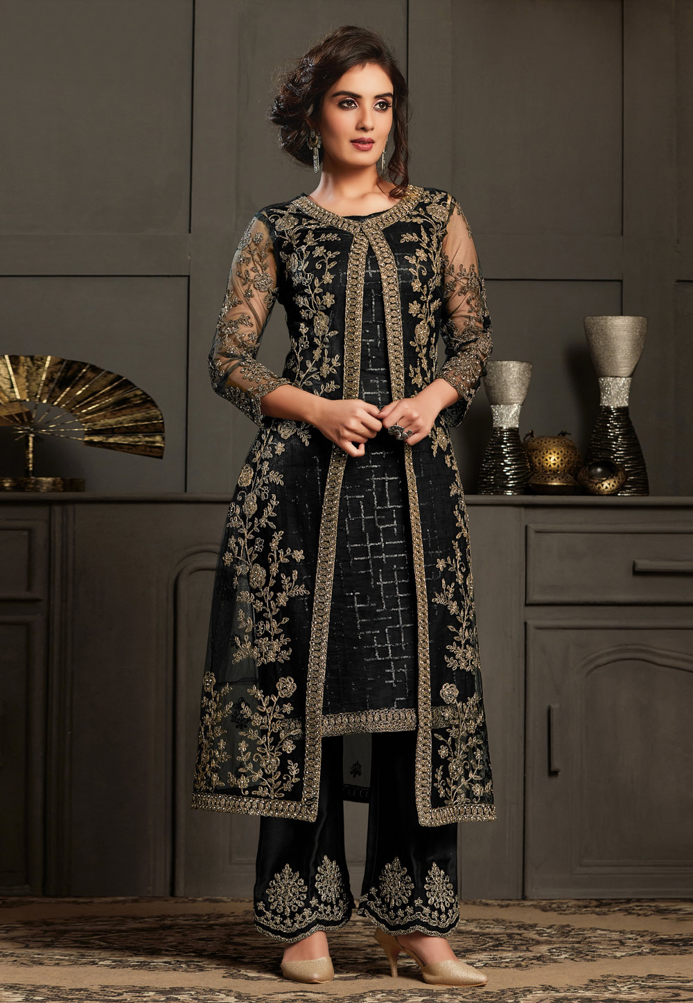 Black Net Embroidered Palazzo Suit With Jacket 257872