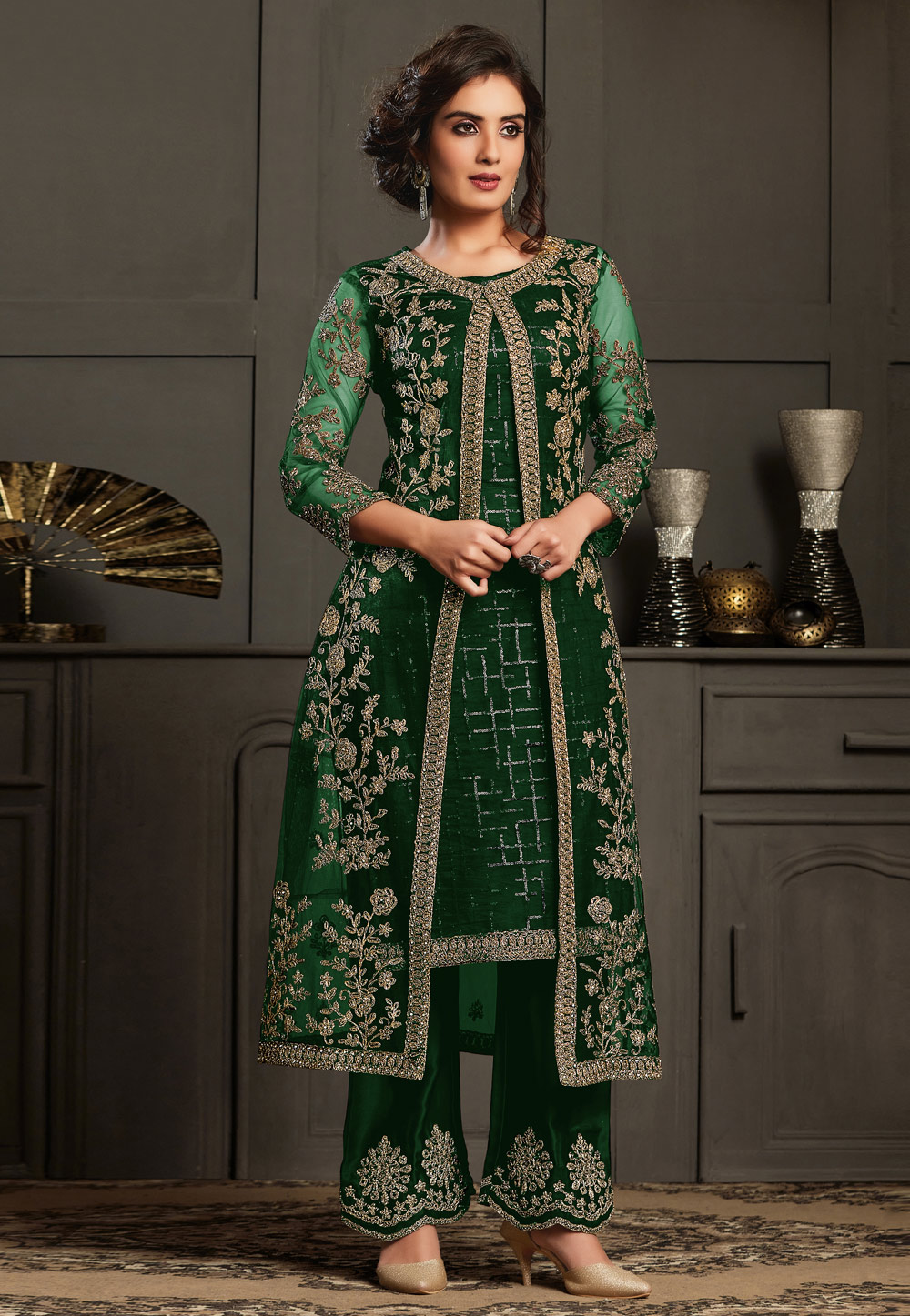 Green Net Embroidered Palazzo Suit With Jacket 257875