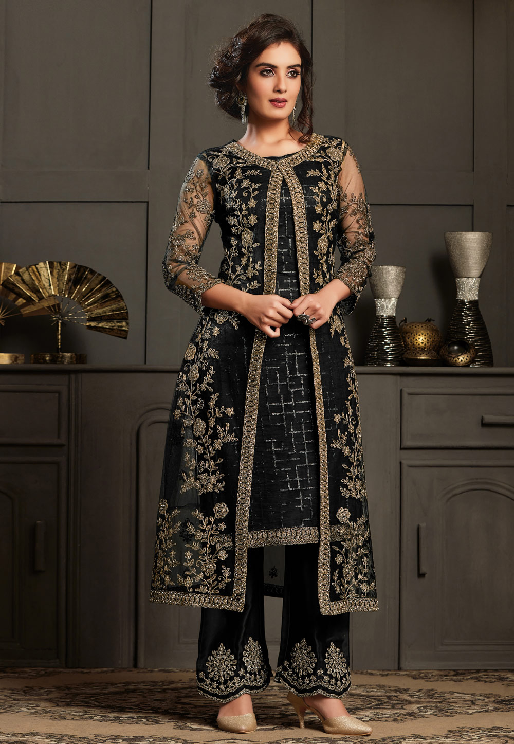 Black Net Embroidered Palazzo Suit With Jacket 215840