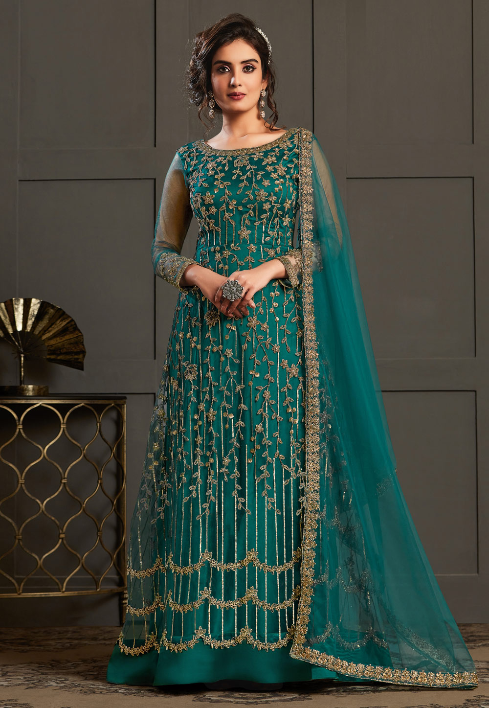 Teal Net Embroidered Abaya Style Anarkali Suit 215841