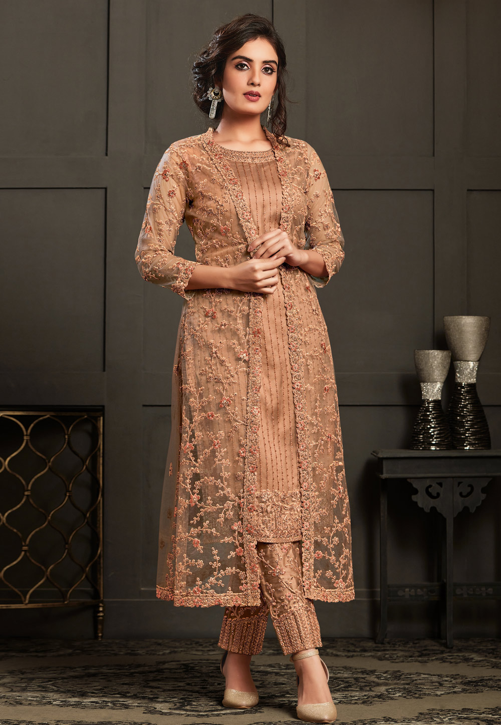 Peach Net Embroidered Jacket Style Suit 215842