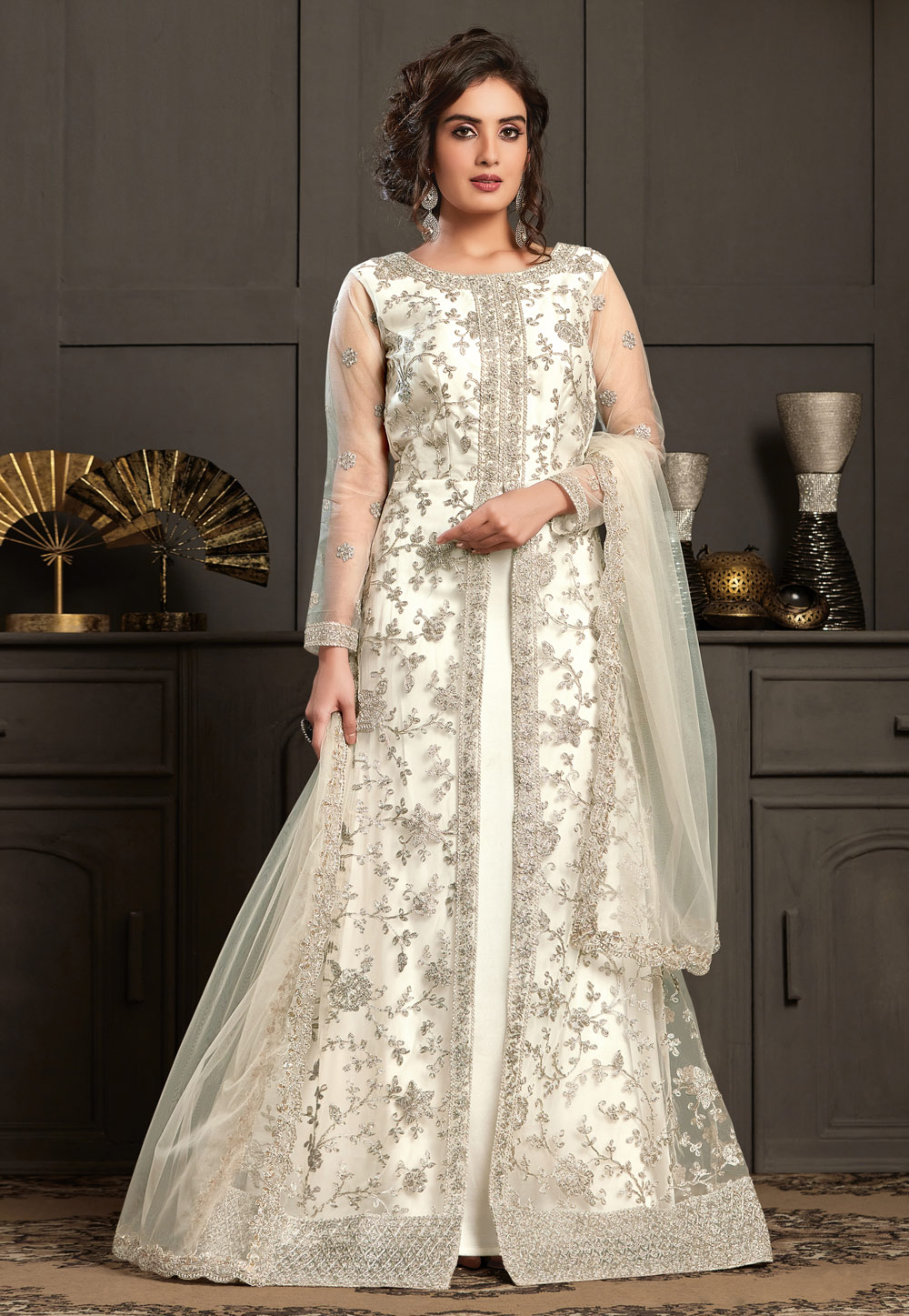 Off White Net Embroidered Abaya Style Anarkali Suit 215843