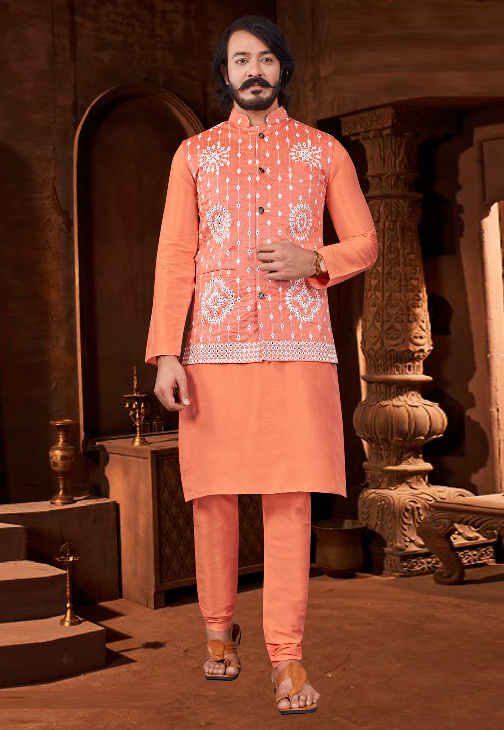 Orange Art Silk Lakhnavi Kurta Pajama With Jacket 239901