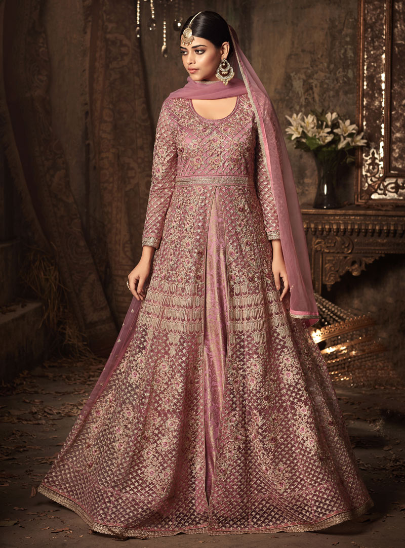 Pink Net Floor Length Anarkali Suit 129668