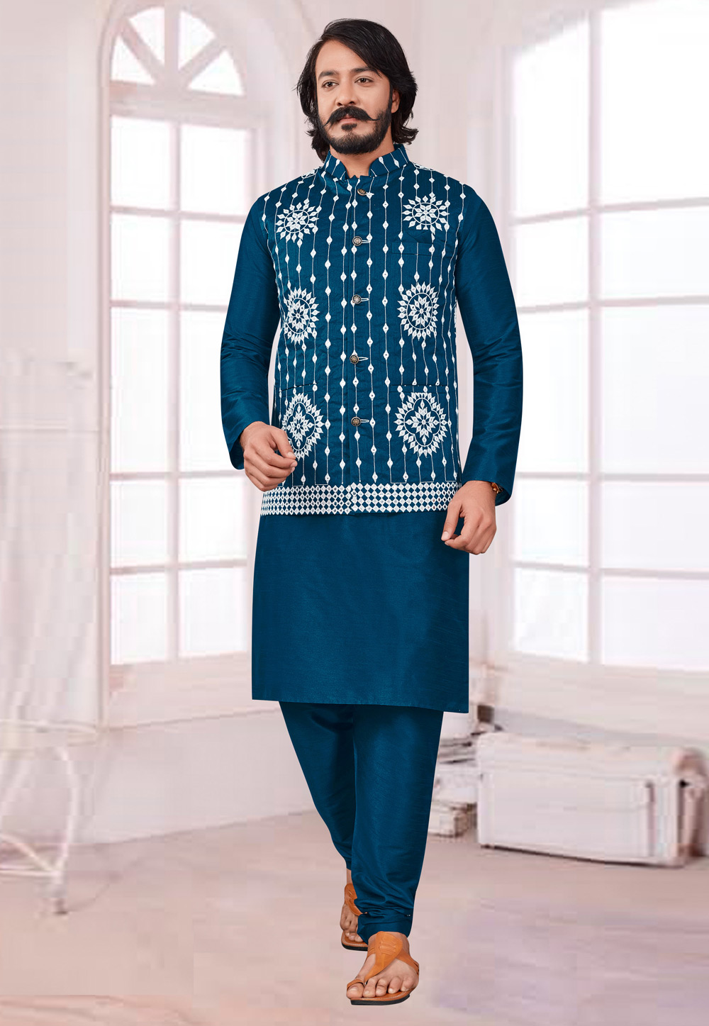 Blue Art Silk Lakhnavi Kurta Pajama With Jacket 239903