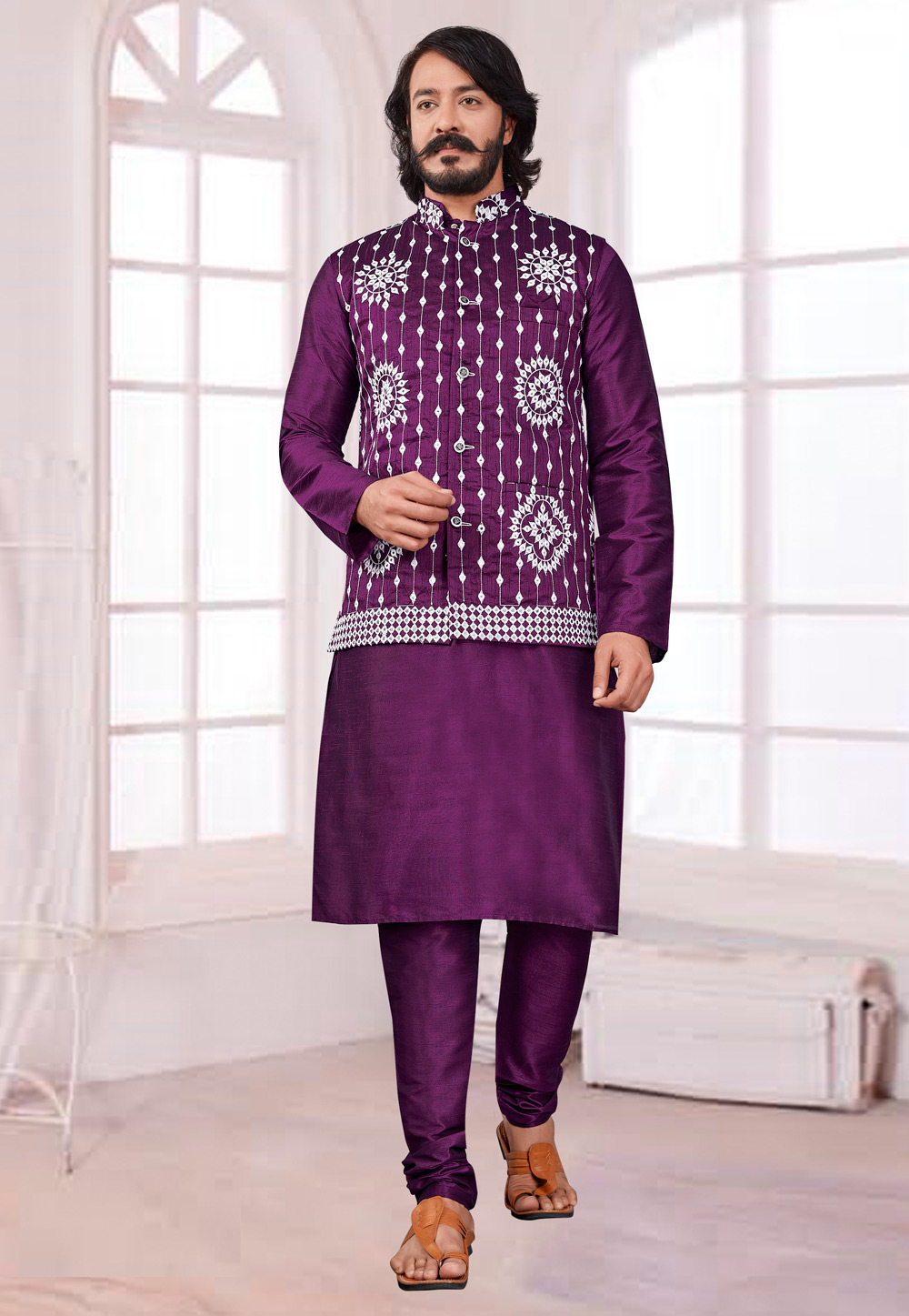 Purple Art Silk Lakhnavi Kurta Pajama With Jacket 239905