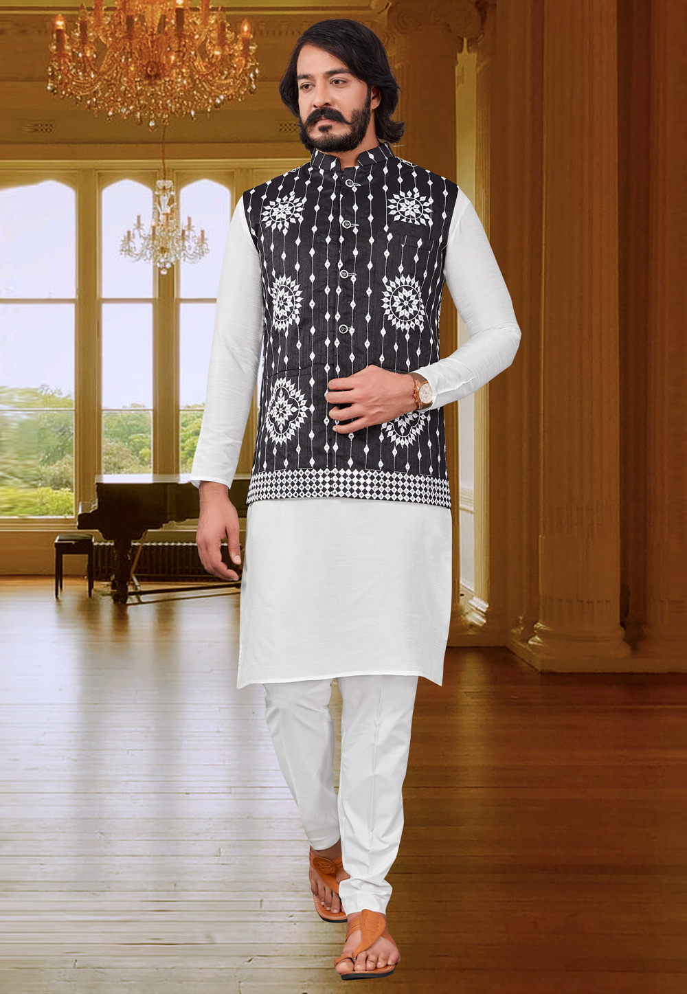 White Art Silk Lakhnavi Kurta Pajama With Jacket 239907