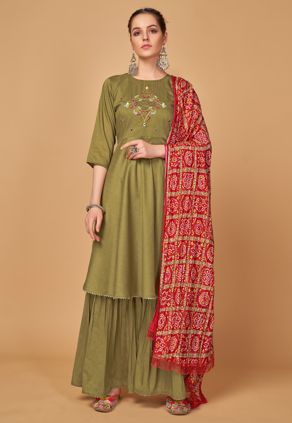 Mehndi Silk Readymade Sharara Suit 243278