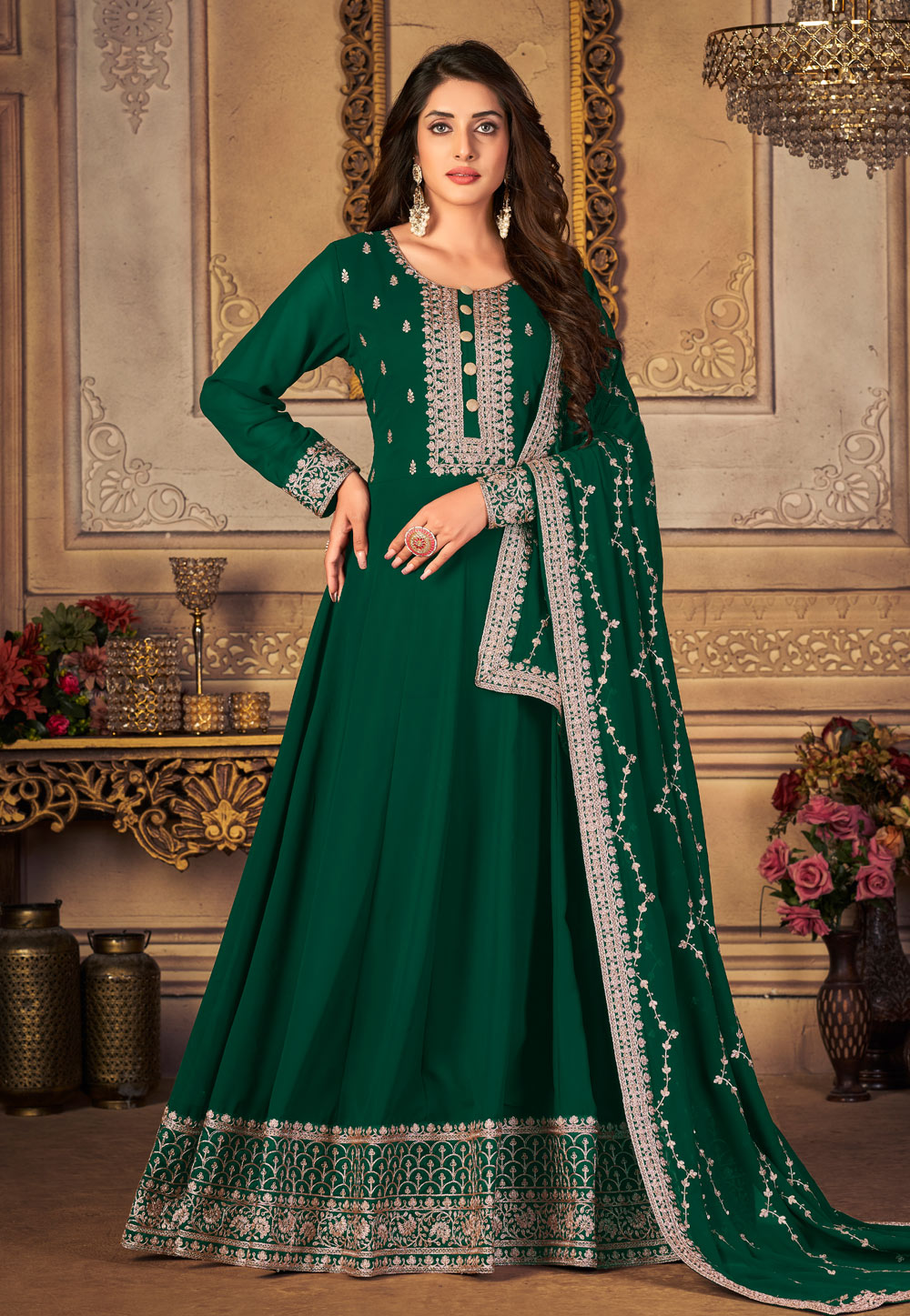 Green Faux Georgette Abaya Style Anarkali Suit 251643