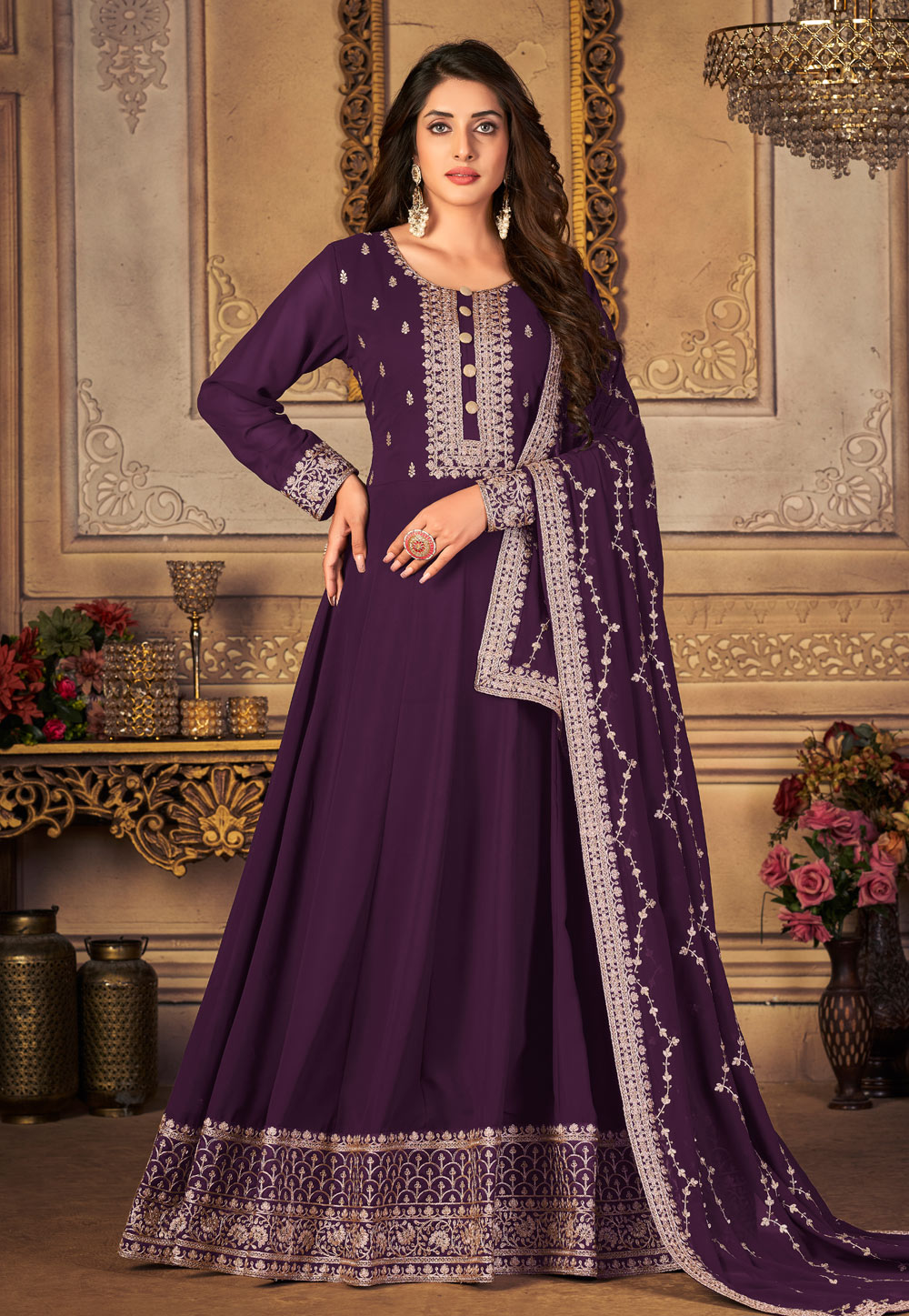 Purple Faux Georgette Long Anarkali Suit 251644