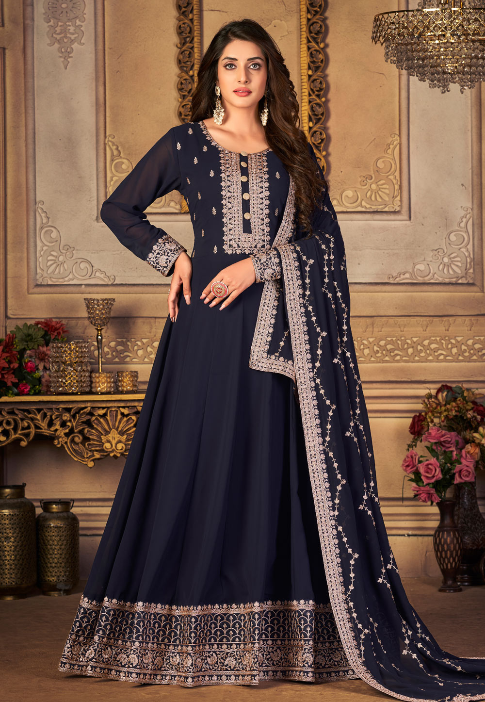 Navy Blue Faux Georgette Abaya Style Anarkali Suit 251645