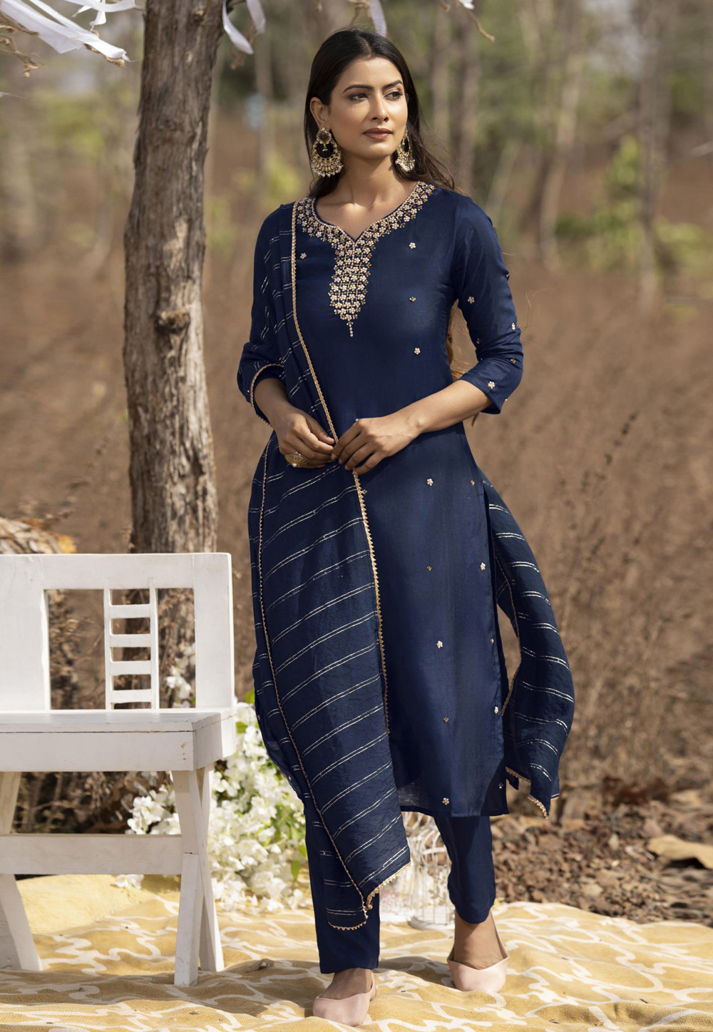Navy Blue Muslin Readymade Pant Style Suit 275908