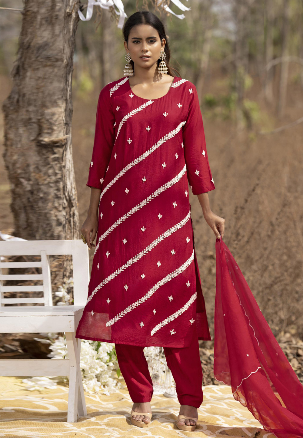 Red Muslin Readymade Pant Style Suit 275910