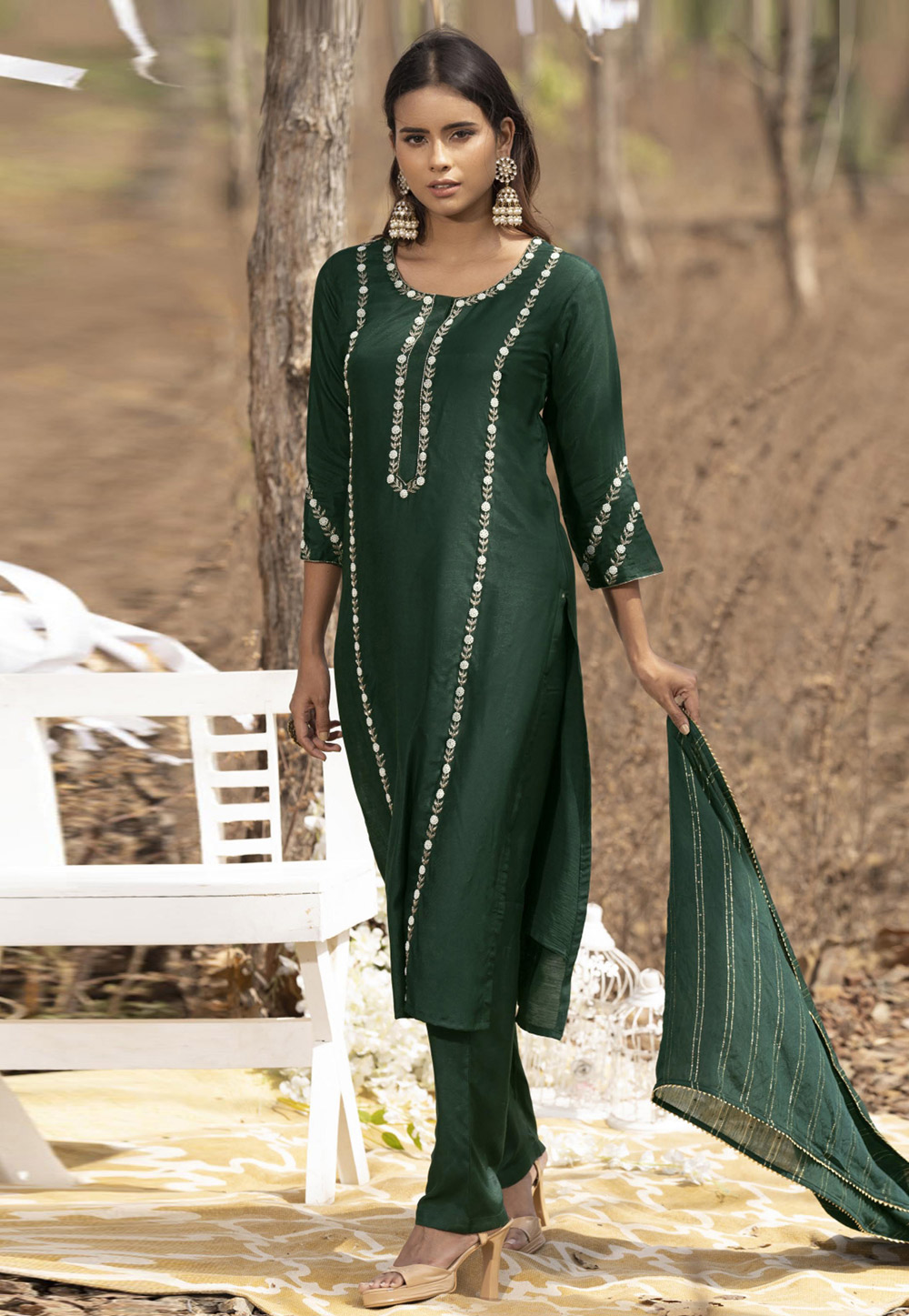 Green Muslin Readymade Pant Style Suit 275912