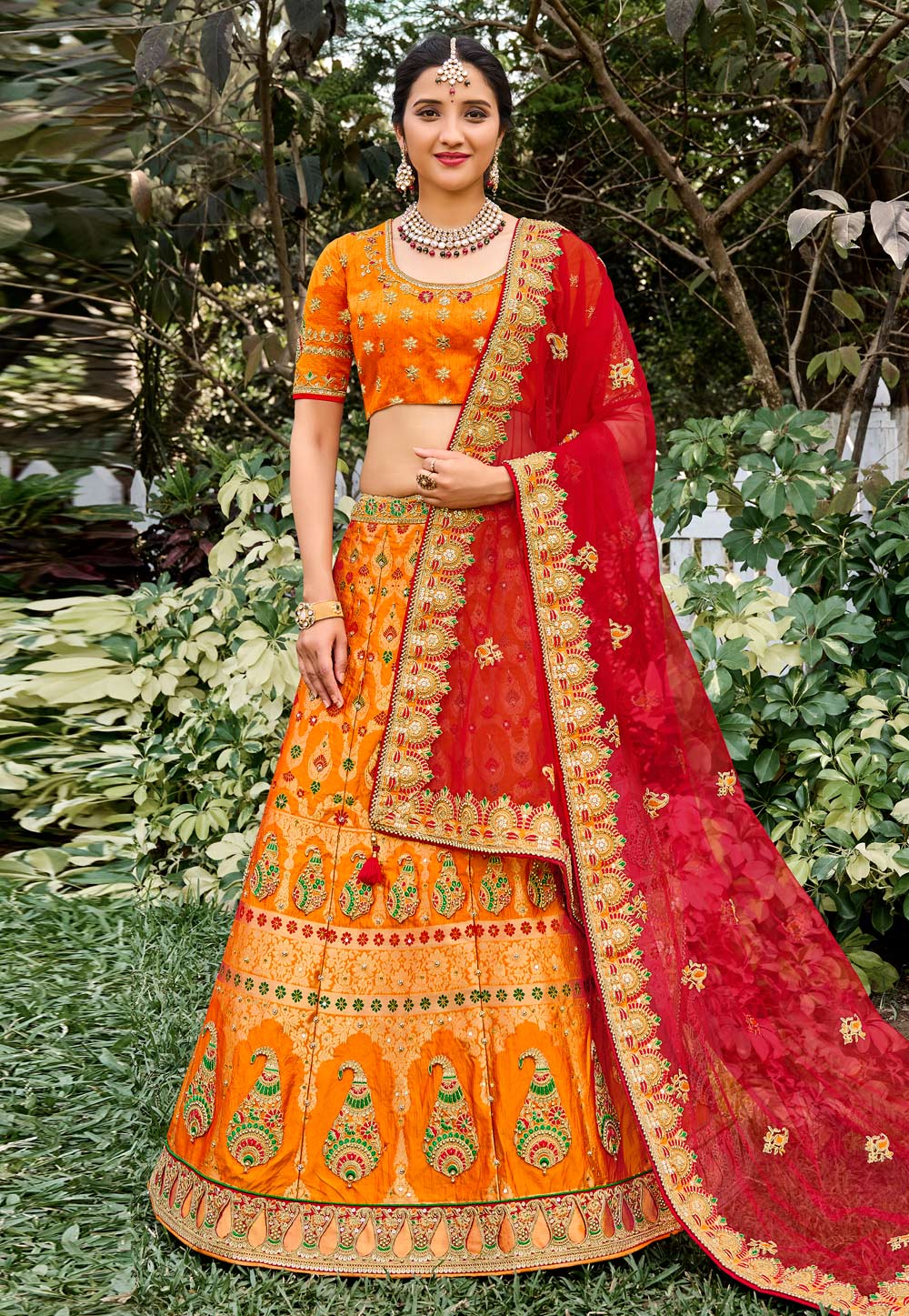 Orange Banarasi Silk Sequins Work Lehenga Choli 223923
