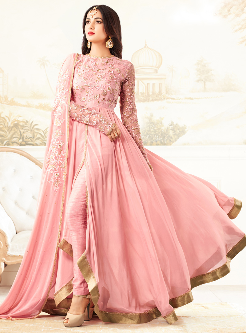 Pink Georgette Center Slit Asymmetrical Salwar Suit 93649