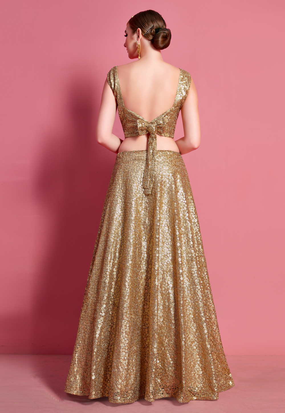 Buy Champagne Gold Angelic Net Gown With Mirror Work And Ruffle Sleeves -  NOOR 2022