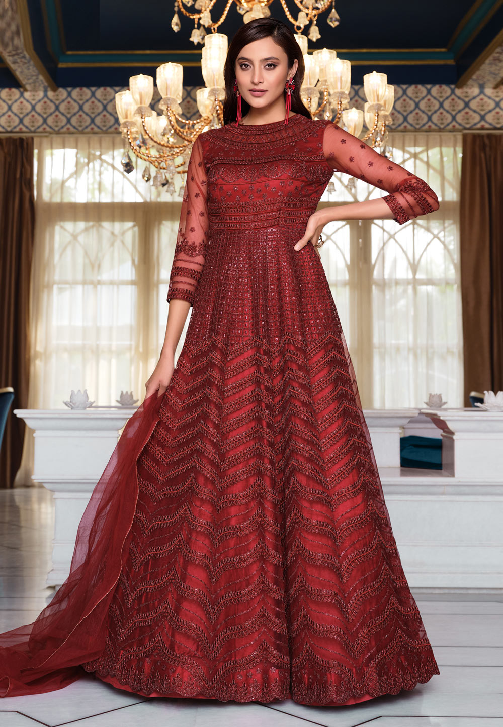 Maroon Net Embroidered Long Anarkali Suit 223046