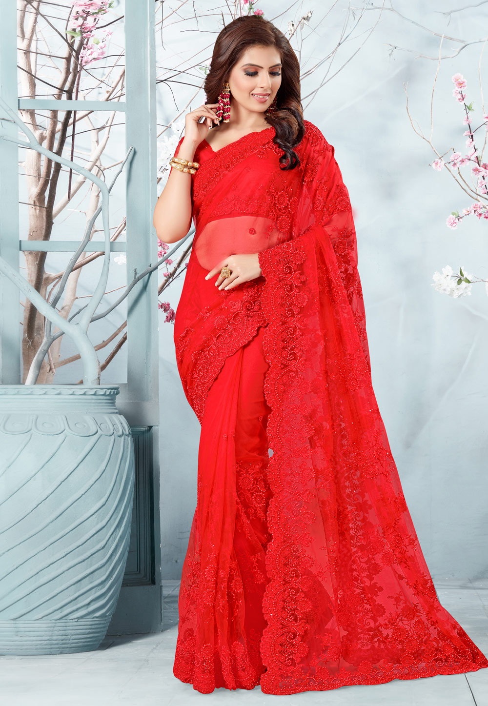 Red Net Saree With Blouse 186953