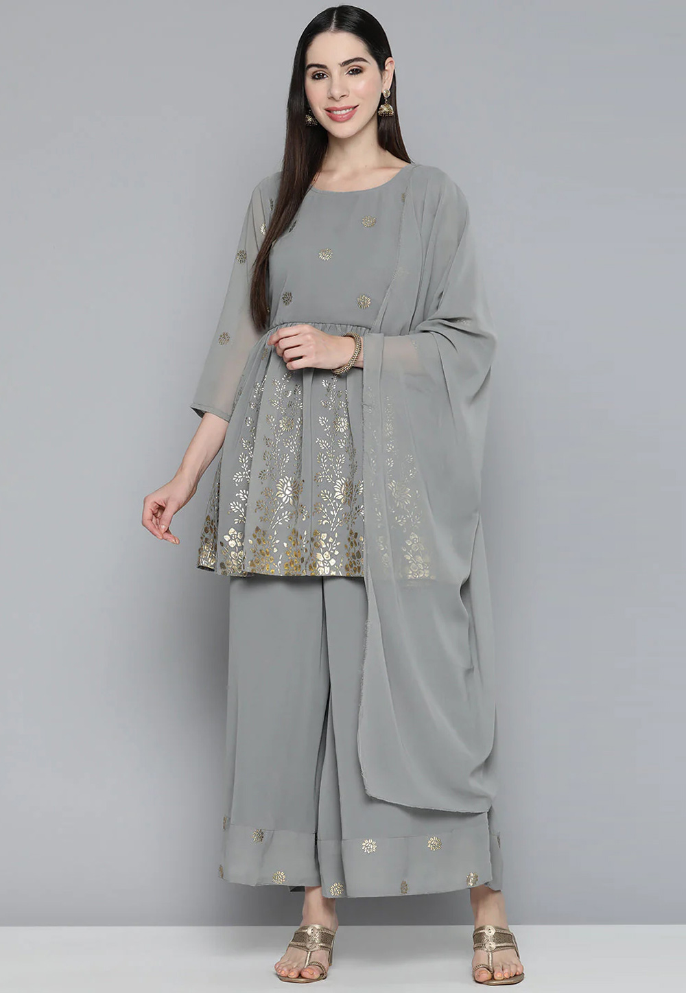 Grey Georgette Readymade Palazzo Suit 261733