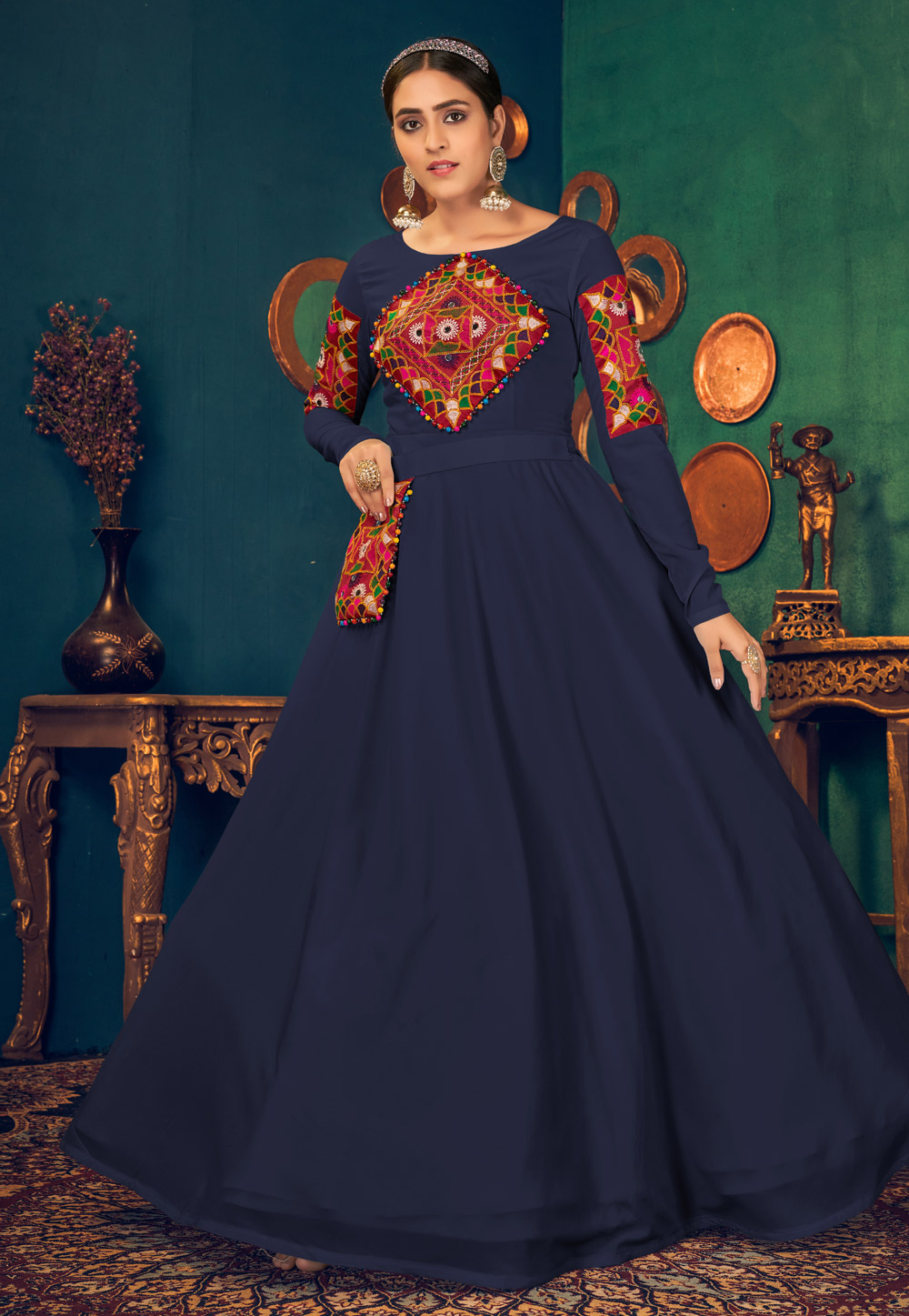 Navy Blue Georgette Flared Long Gown 233042
