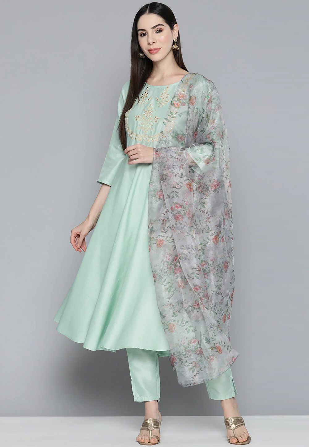 Sea Green Cotton Silk Readymade Pant Style Suit 261735