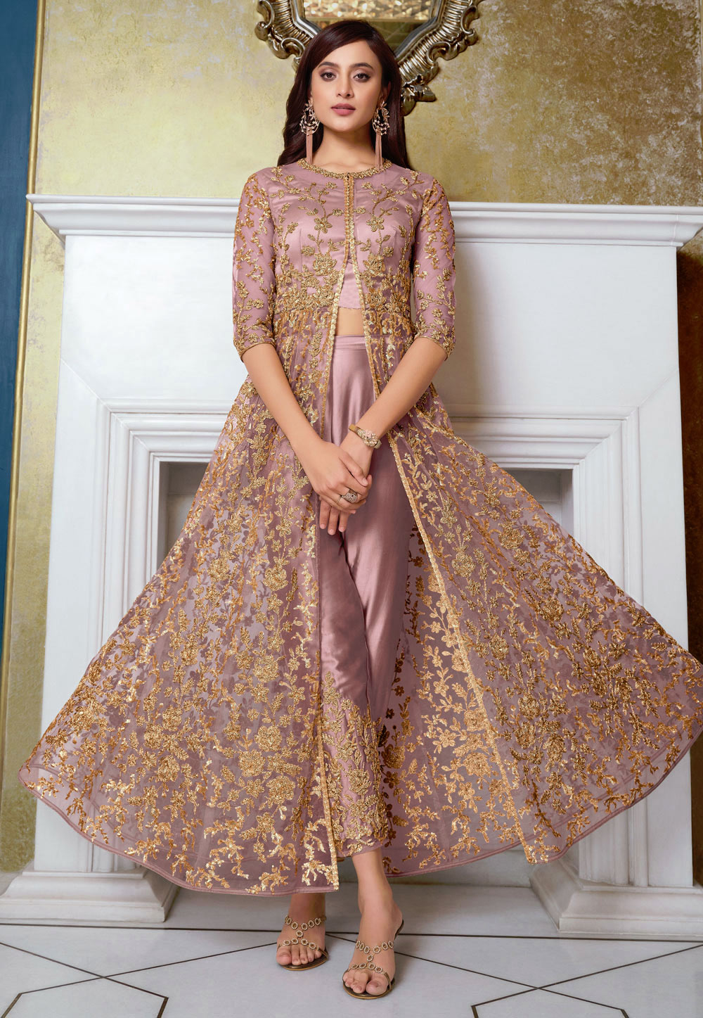 Pink Net Sequins Work Long Anarkali Suit 257889