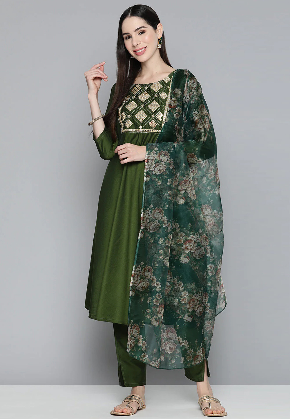Green Cotton Silk Readymade Pakistani Suit 261738