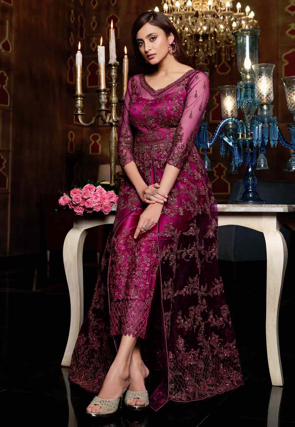 Magenta Net Embroidered Pant Style Suit 223053