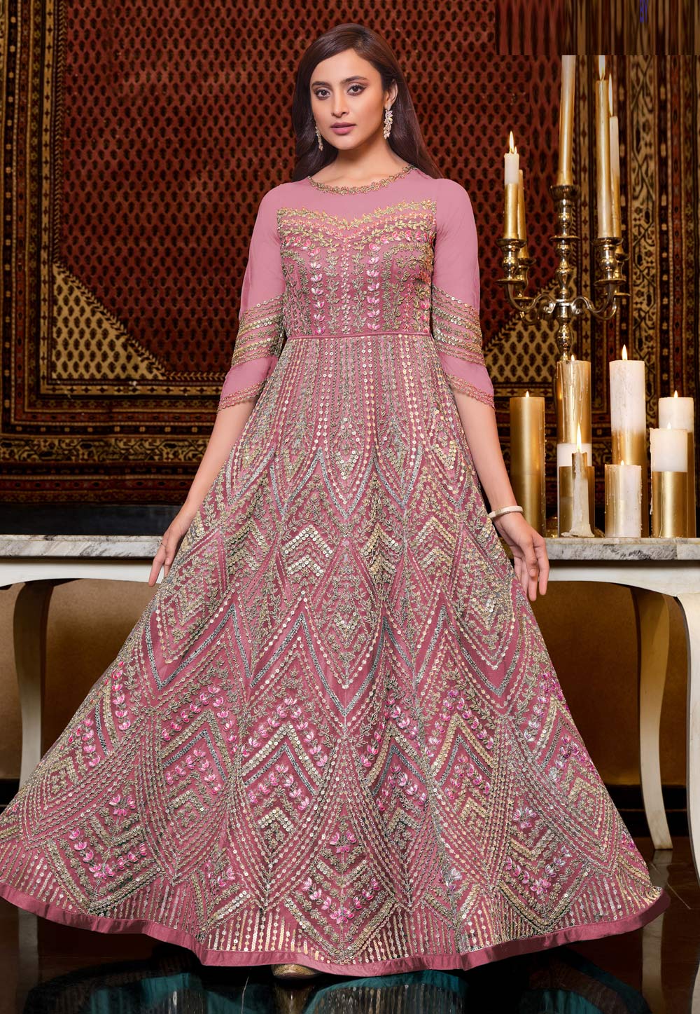 Pink Net Sequins Work Long Anarkali Suit 256070