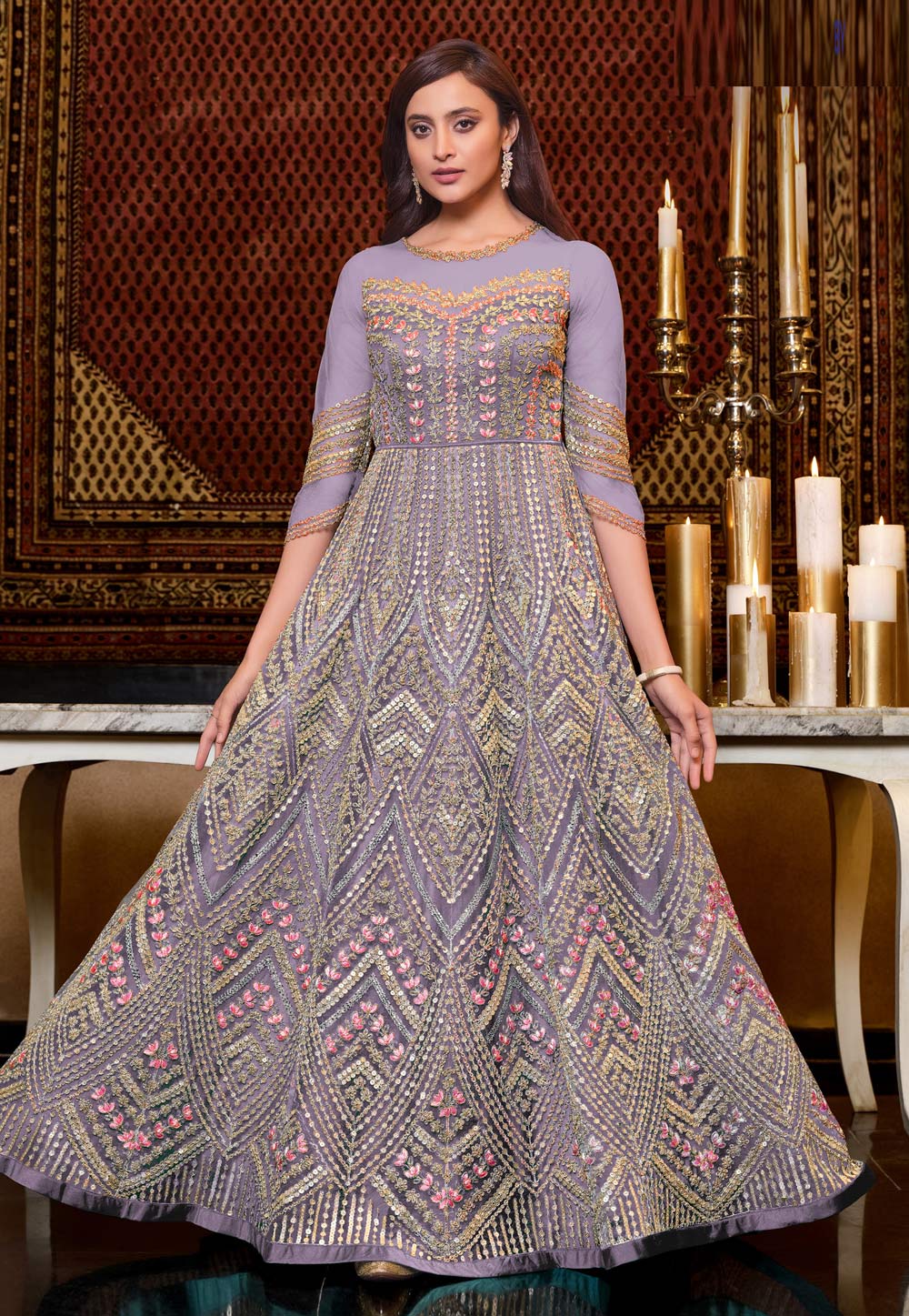 Lavender Net Sequins Work Long Anarkali Suit 256072