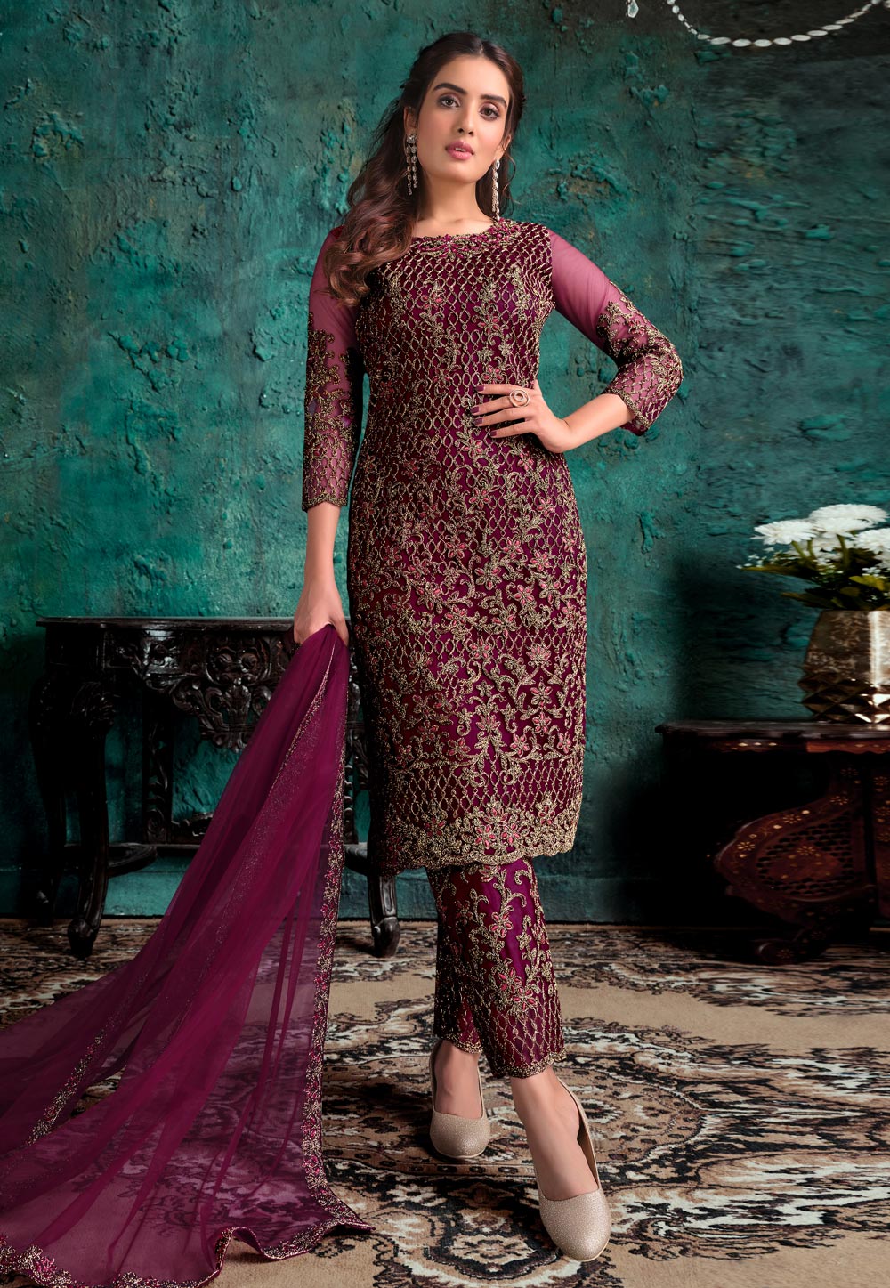 Magenta Net Embroidered Pant Style Suit 223570