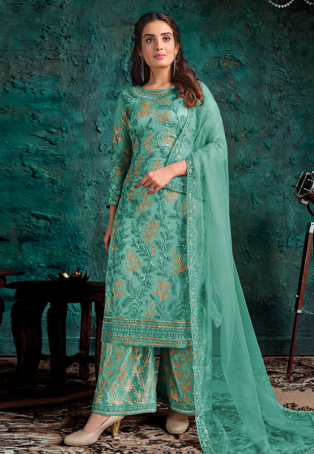 Sea Green Net Embroidered Palazzo Suit 249415