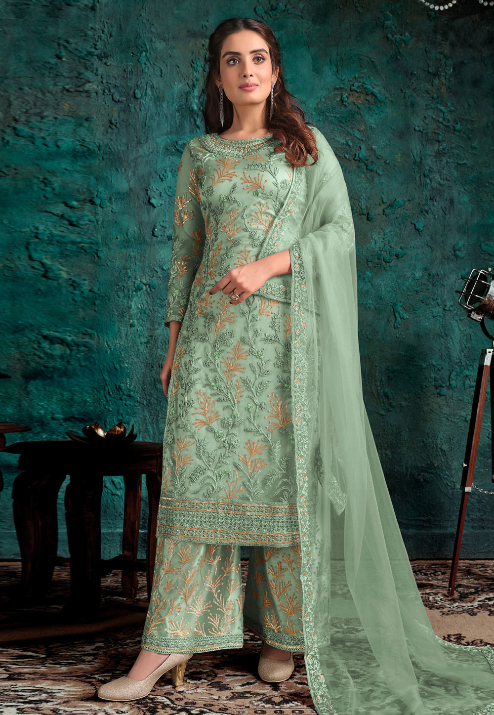 Pista Green Net Embroidered Palazzo Suit 249417