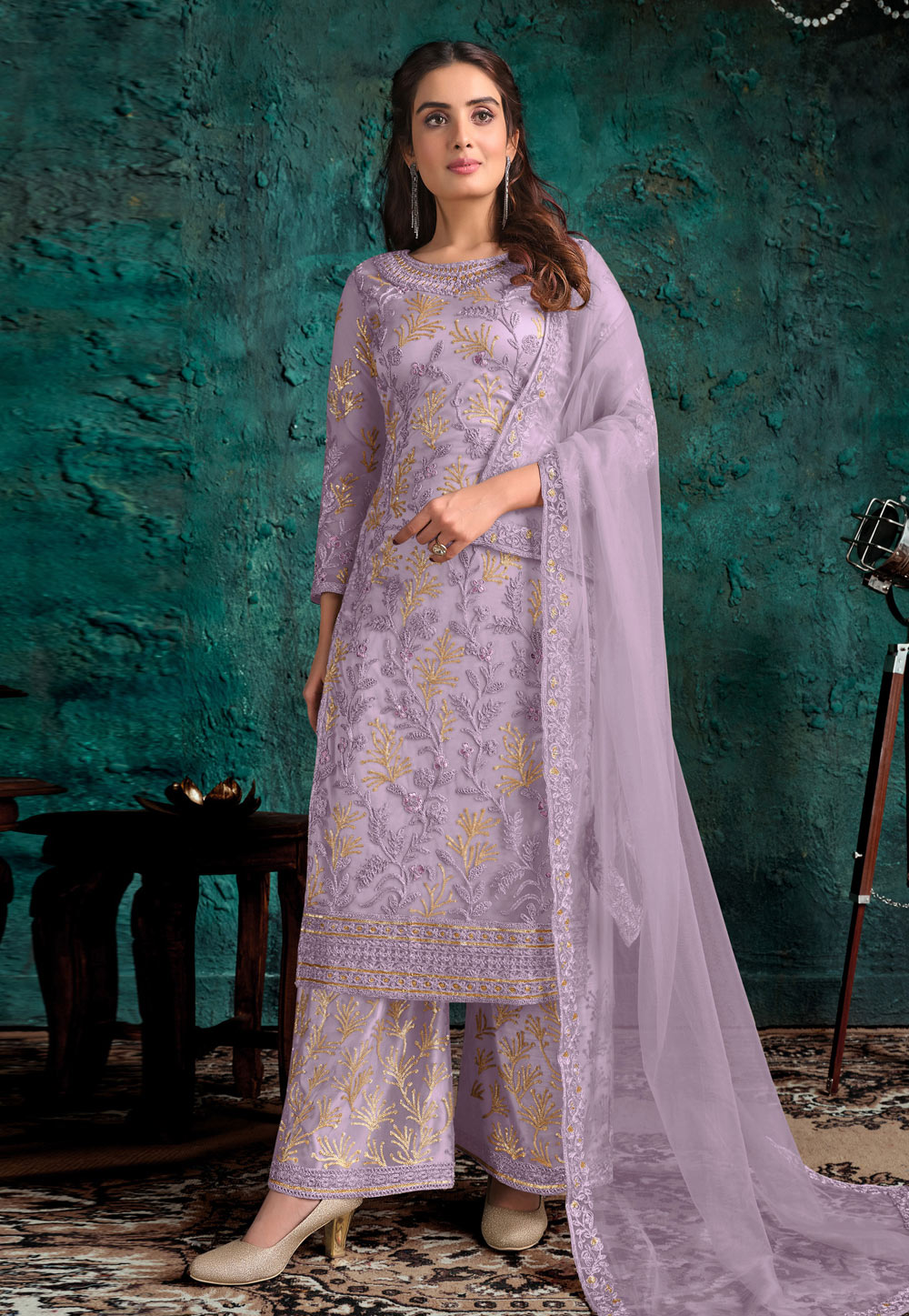 Light Purple Net Embroidered Palazzo Suit 249419