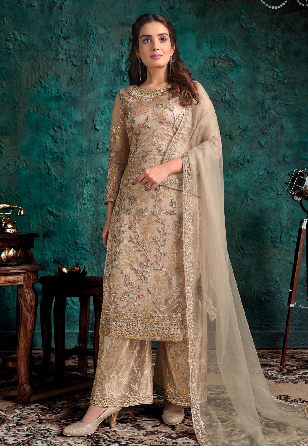 Beige Net Embroidered Palazzo Suit 223571