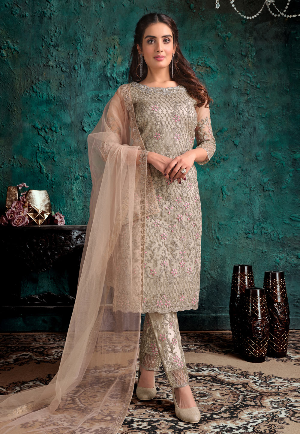 Beige Net Embroidered Kameez With Pant 223573
