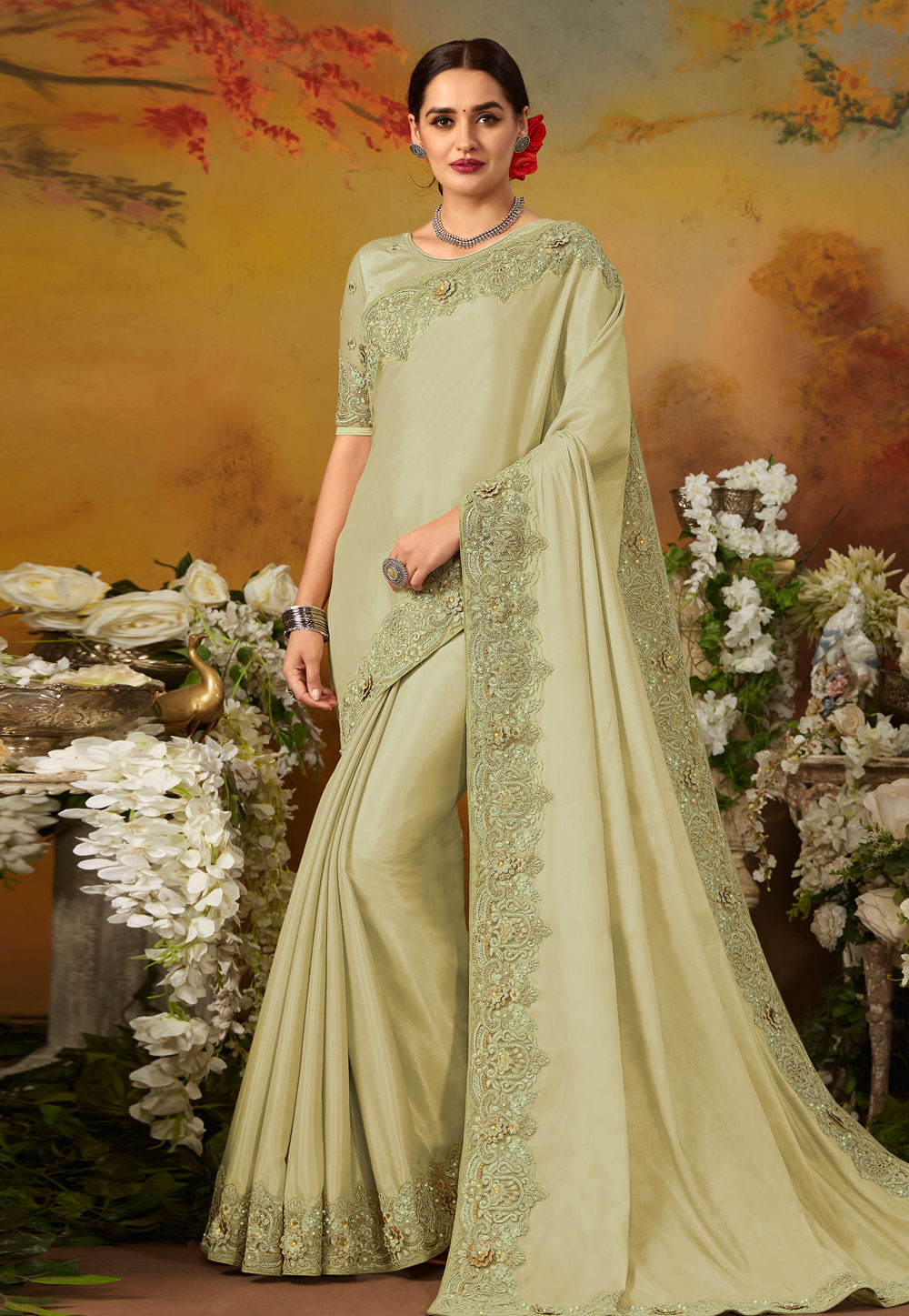 Light Green Silk Saree With Blouse 195546