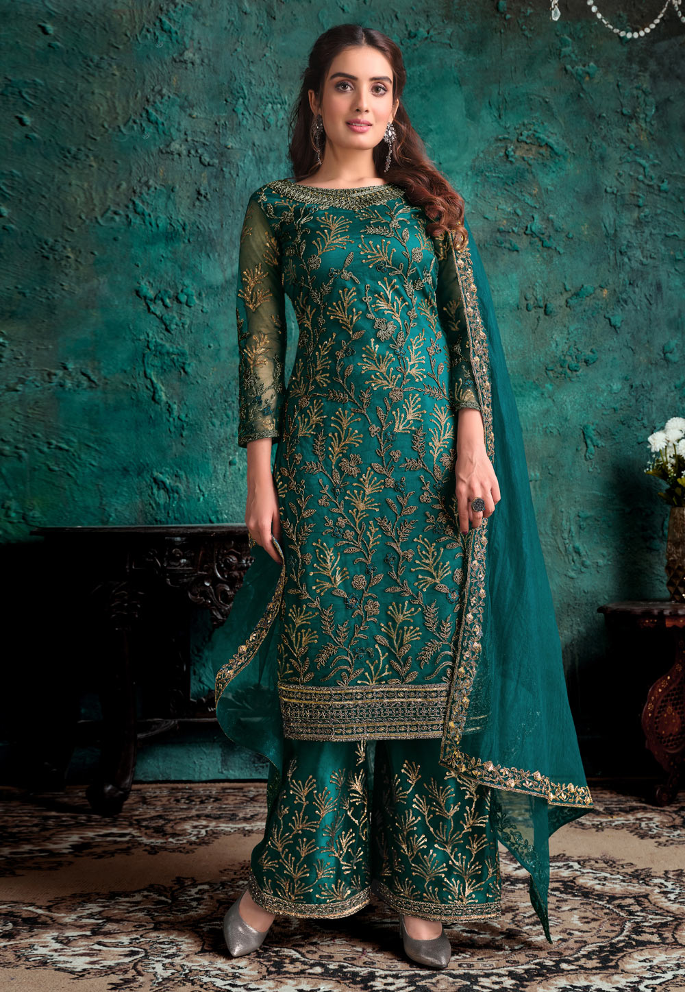 Teal Net Embroidered Palazzo Suit 223574