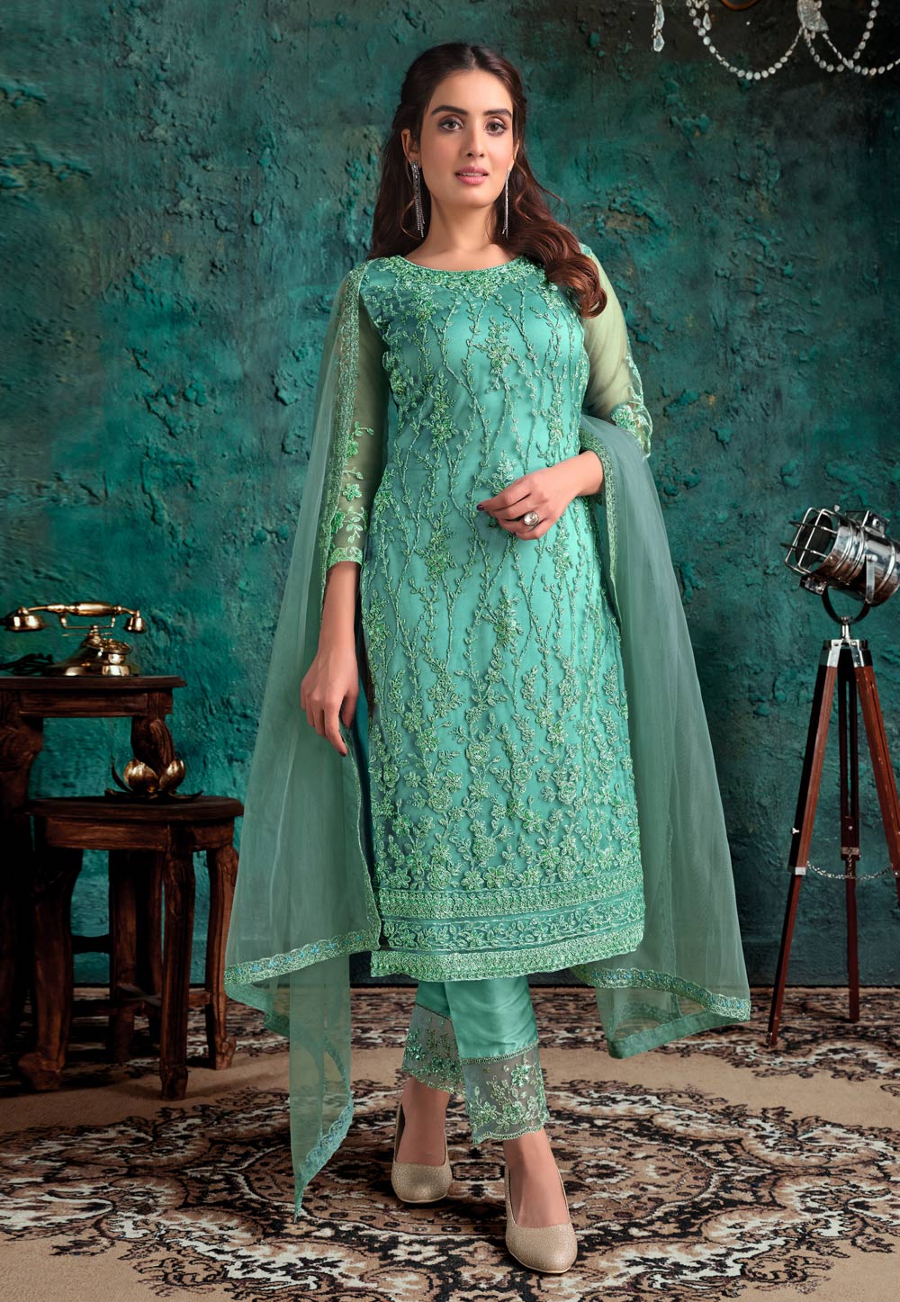 Sea Green Net Embroidered Pant Style Suit 223575