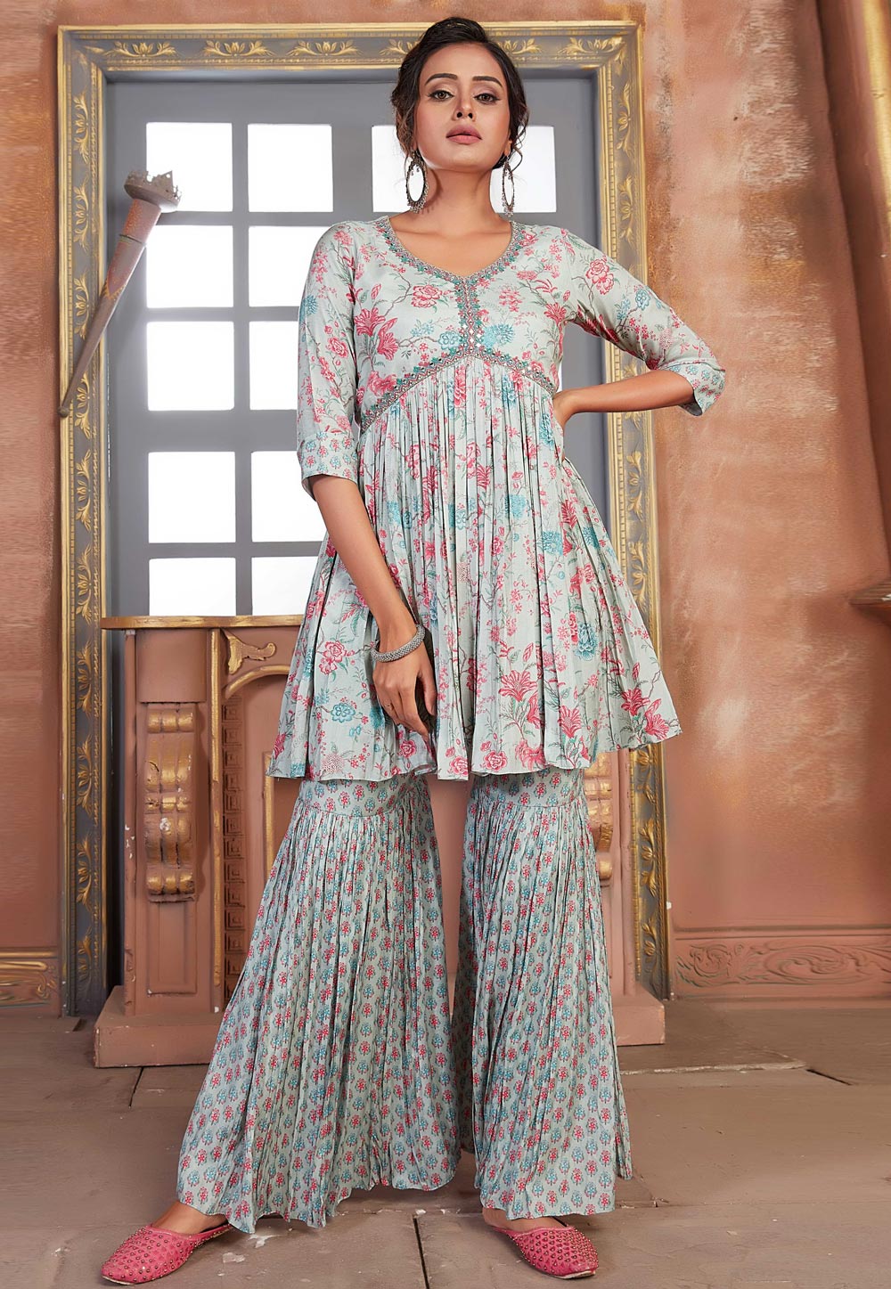 Sea Green Muslin Kurta Set With Sharara 262620