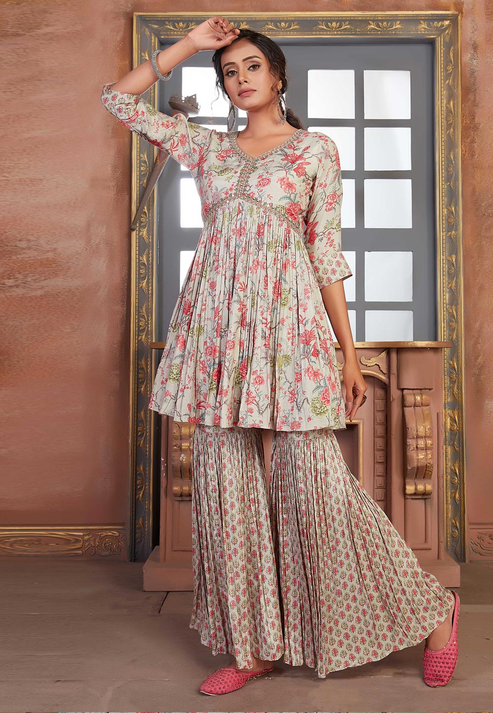 Sea Green Muslin Kurta Set With Sharara 262621