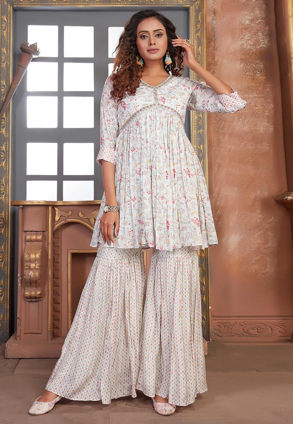 Off White Muslin Kurta Set With Sharara 262622