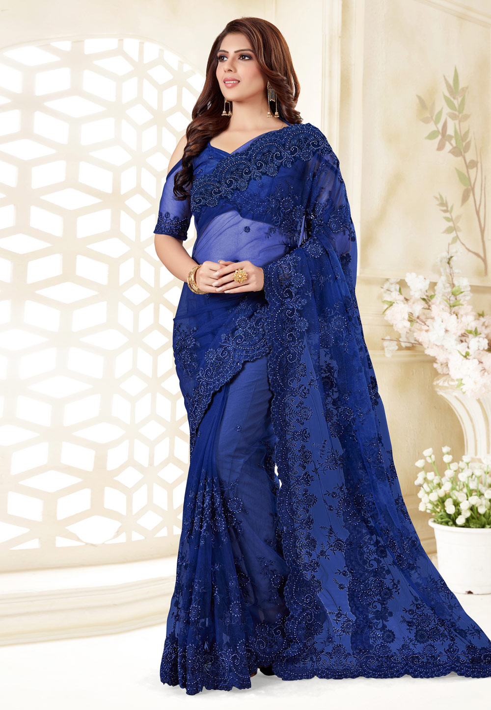 Blue Net Festival Wear Saree 186956