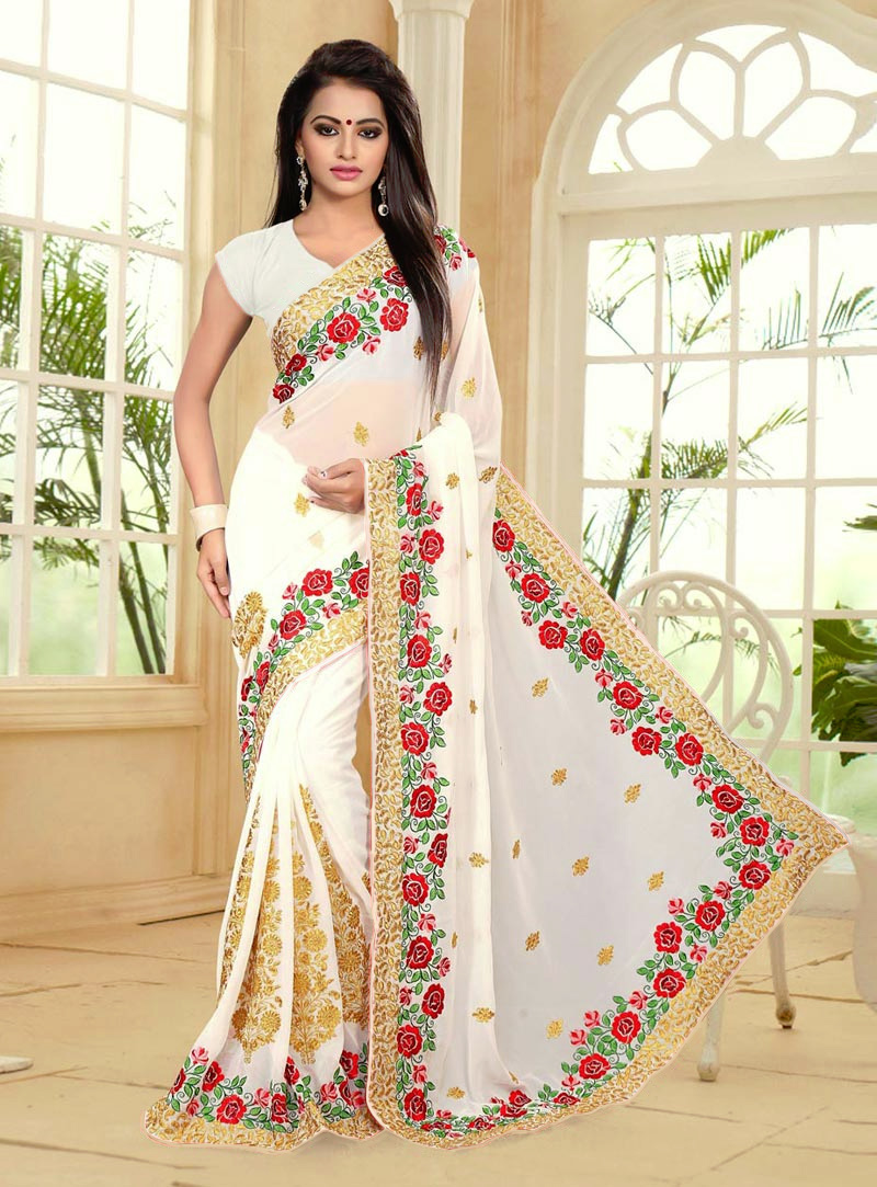 Off White Georgette Embroidery Work Saree 77791