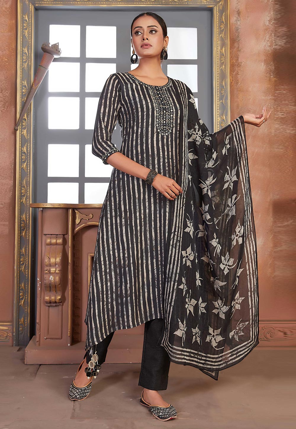 Black Muslin Readymade Pant Style Suit 262630