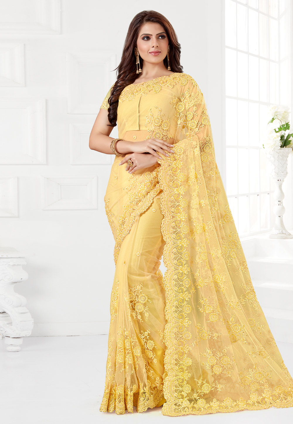 Yellow Net Saree With Blouse 186959