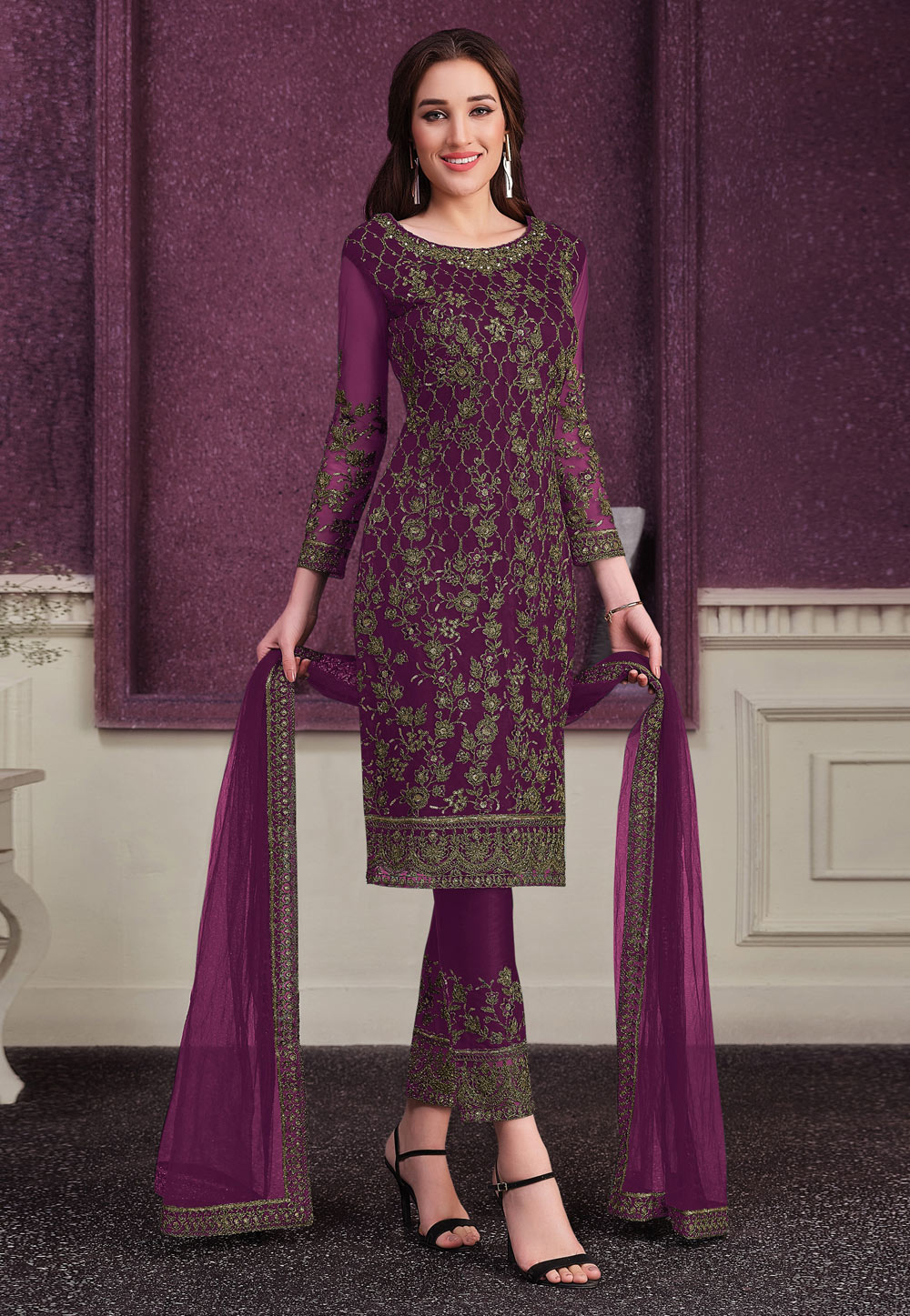 Purple Net Embroidered Pakistani Suit 248658