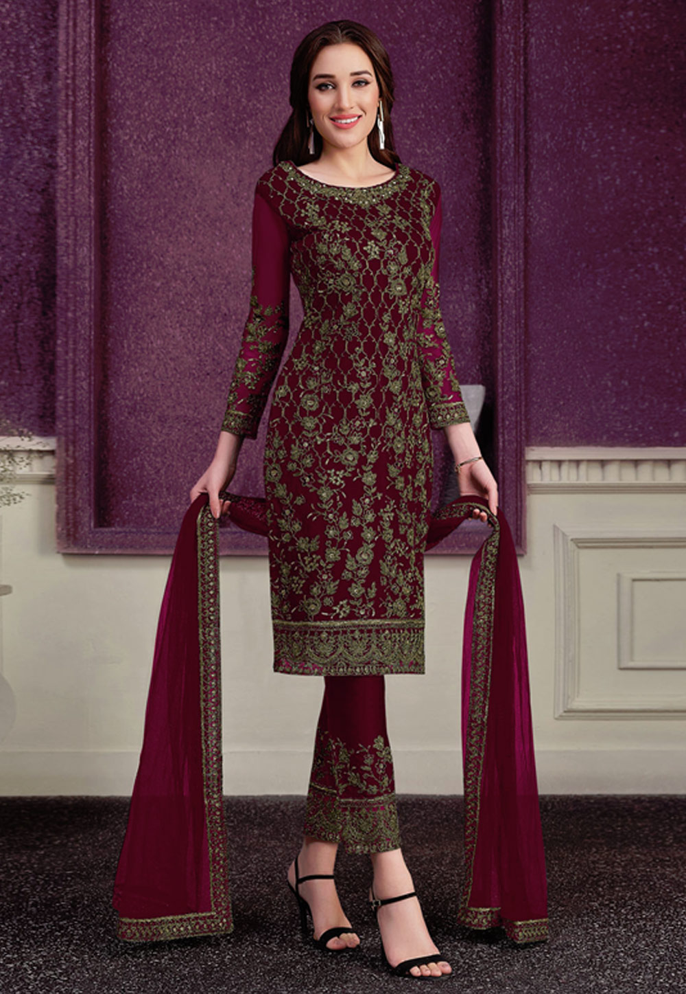 Maroon Net Embroidered Pant Style Suit 248665