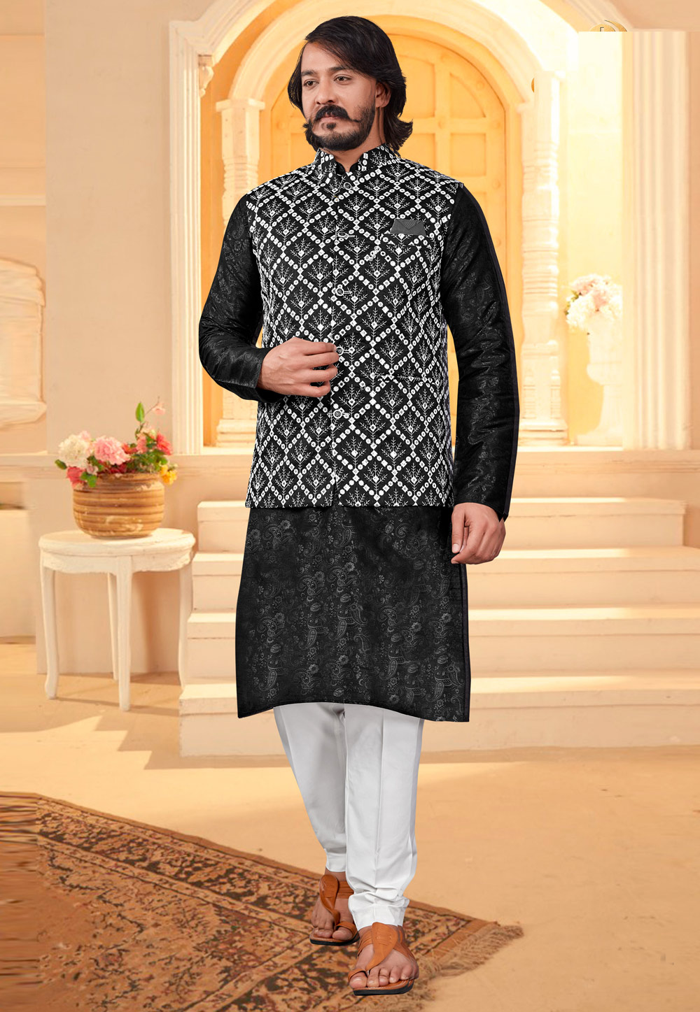 Black Art Silk Lakhnavi Kurta Pajama With Jacket 239908